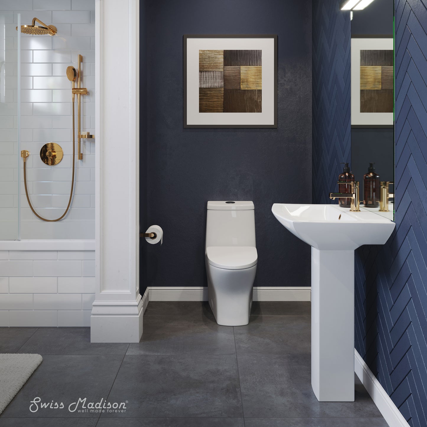 Swiss Madison, Sublime Two-Piece Glossy White Ceramic Rectangular Pedestal Sink
