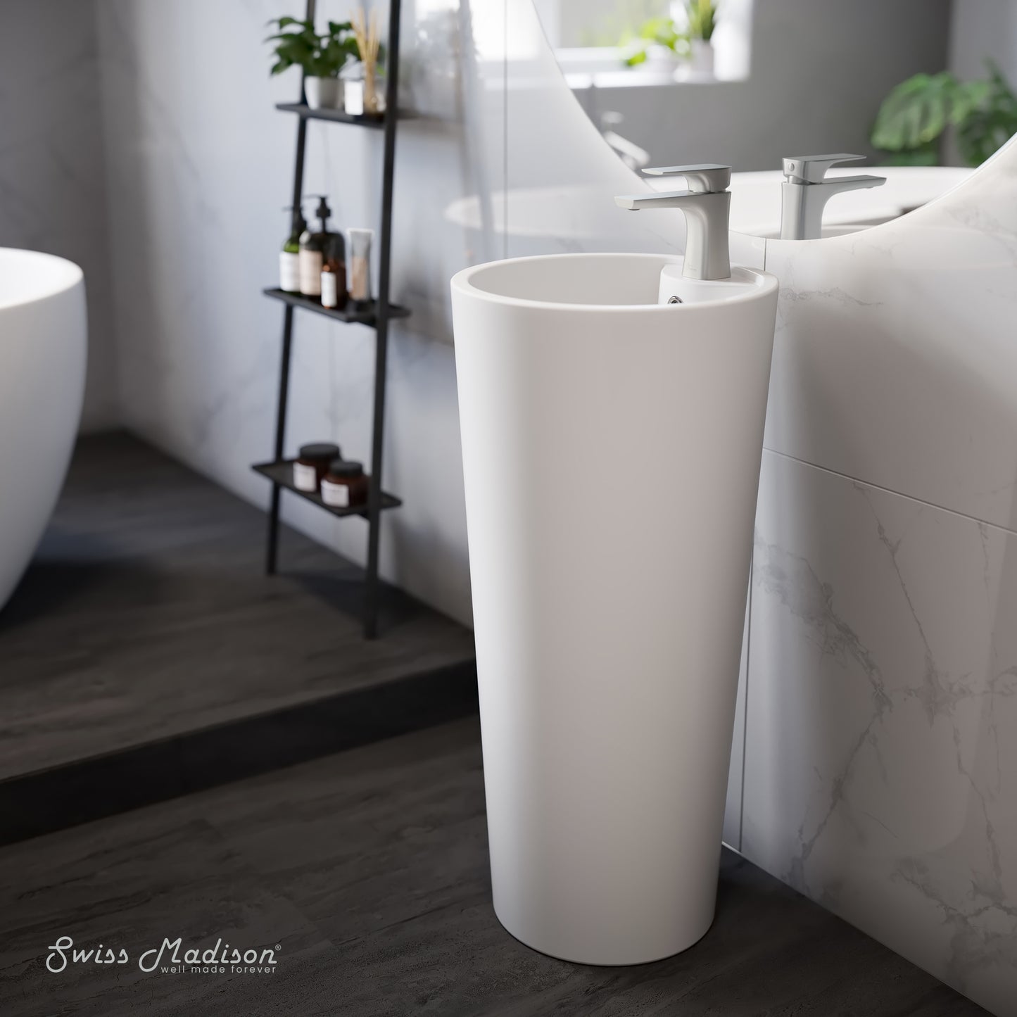 Swiss Madison, Monaco Circular Basin Pedestal Sink in Matte White