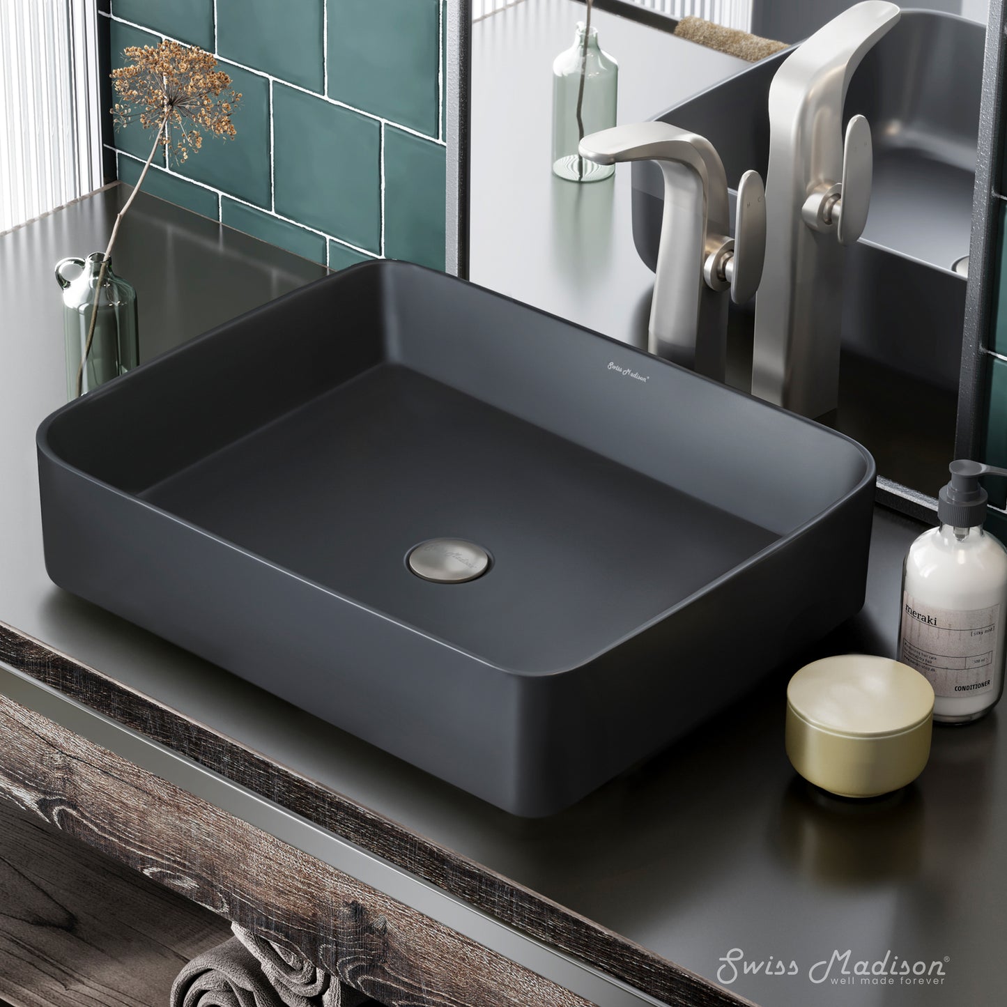 Swiss Madison, Concorde Rectangle Ceramic Vessel Sink, Matte Black