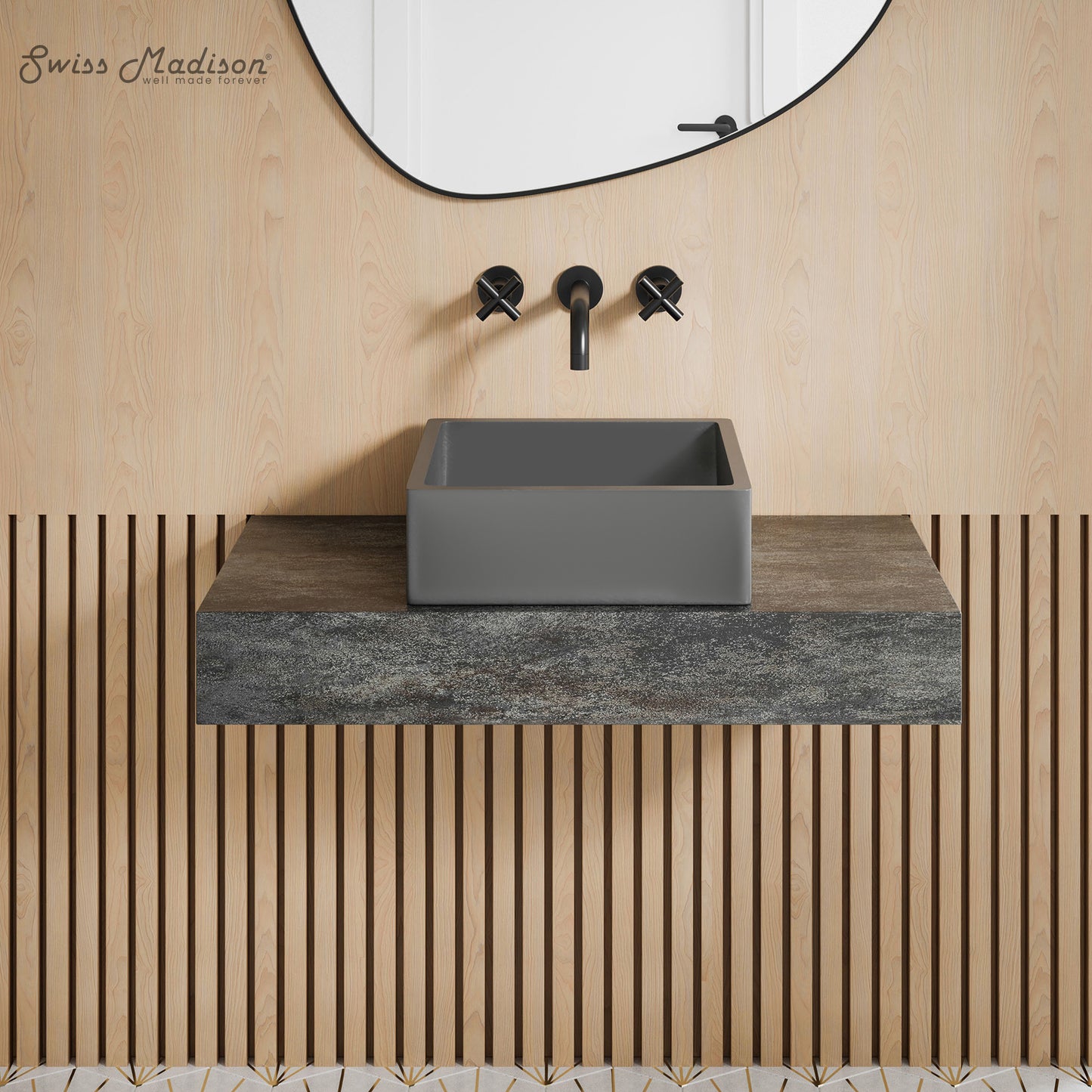 Swiss Madison, Lisse 15.5" Square Concrete Vessel Bathroom Sink in Dark Grey