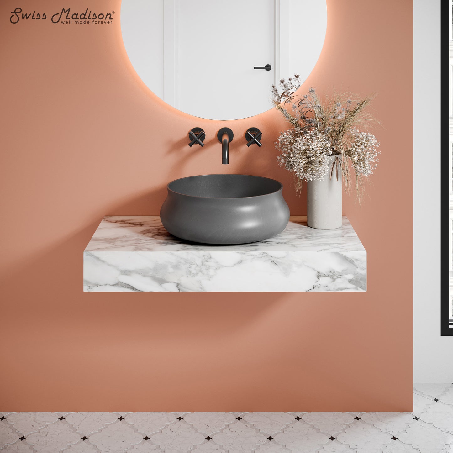 Swiss Madison, Lisse 17.5" Round Concrete Vessel Bathroom Sink in Dark Grey