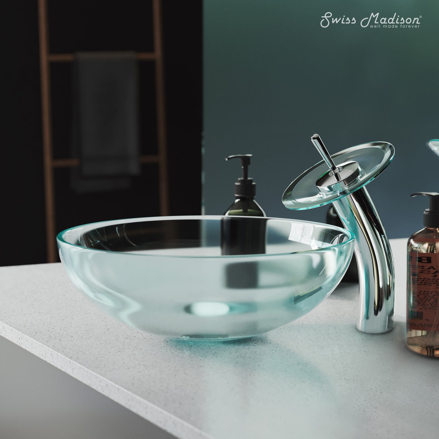 Swiss Madison, Cascade 16.5 Glass Vessel Sink with Faucet, Clear