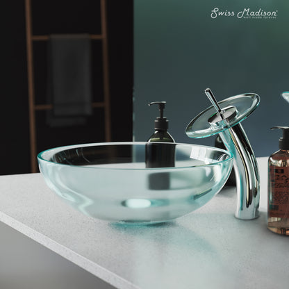 Swiss Madison, Cascade 16.5 Glass Vessel Sink with Faucet, Clear