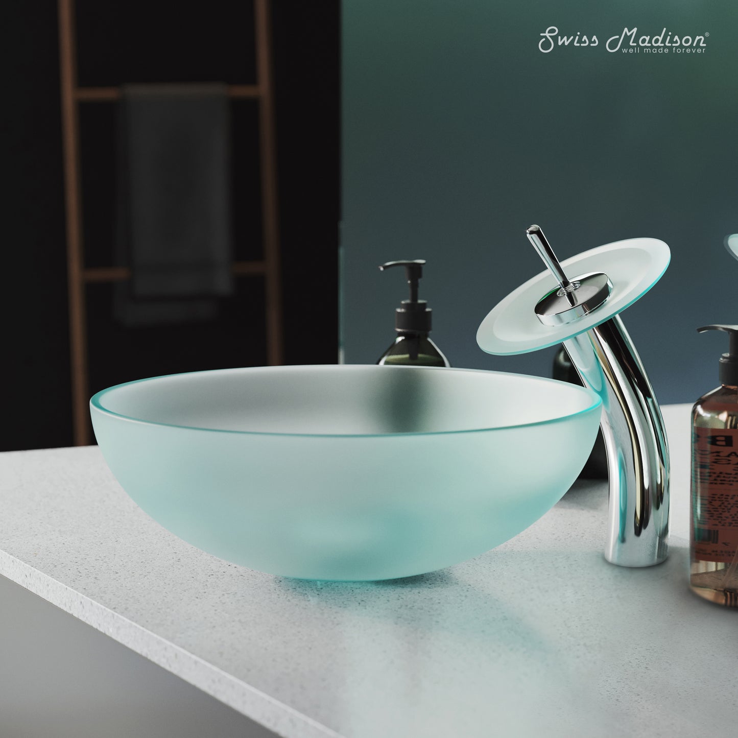 Swiss Madison, Cascade 16.5 Color Glass Vessel Sink with Faucet, Frost