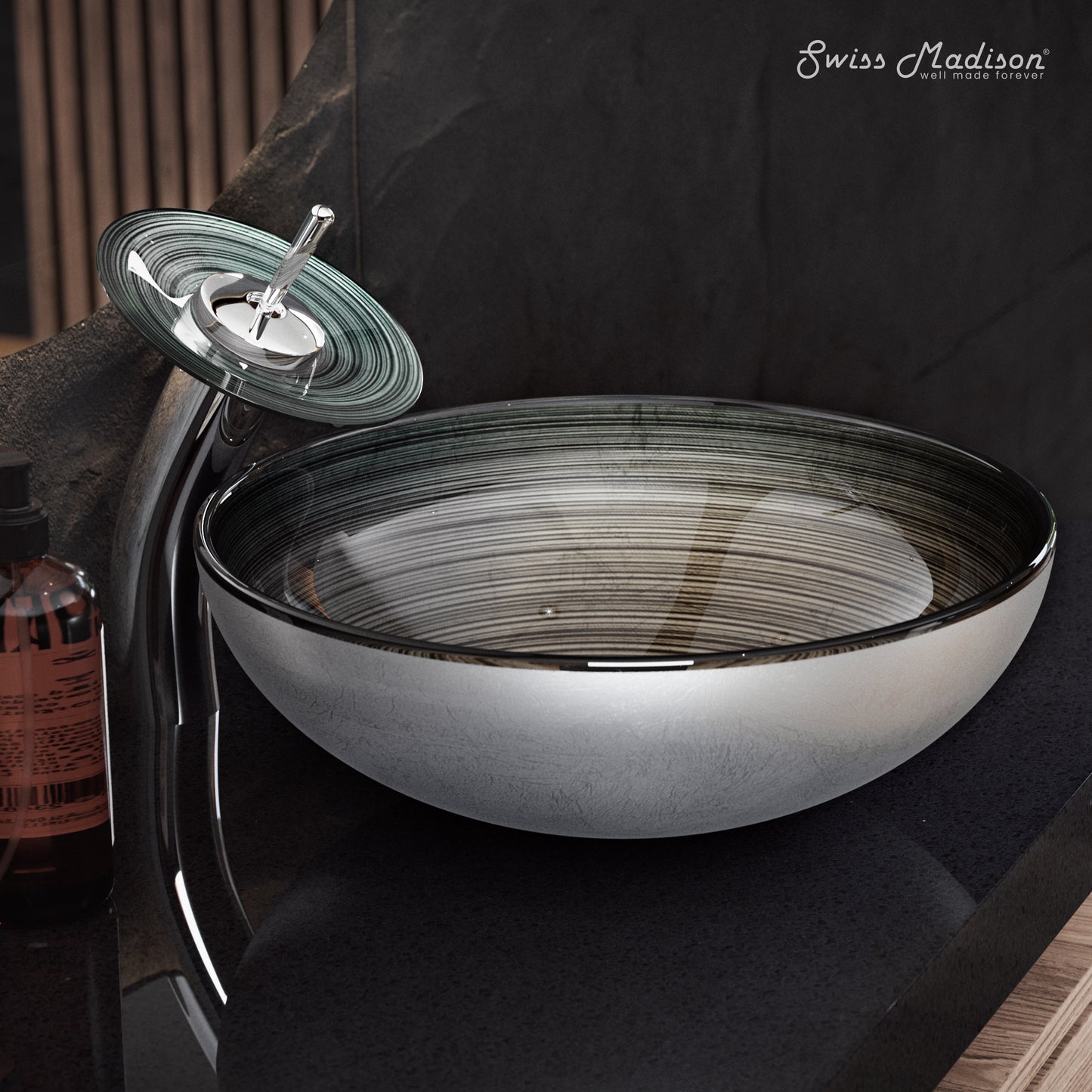 Swiss Madison, Cascade 16.5 Glass Vessel Sink with Faucet, Smoky Grey
