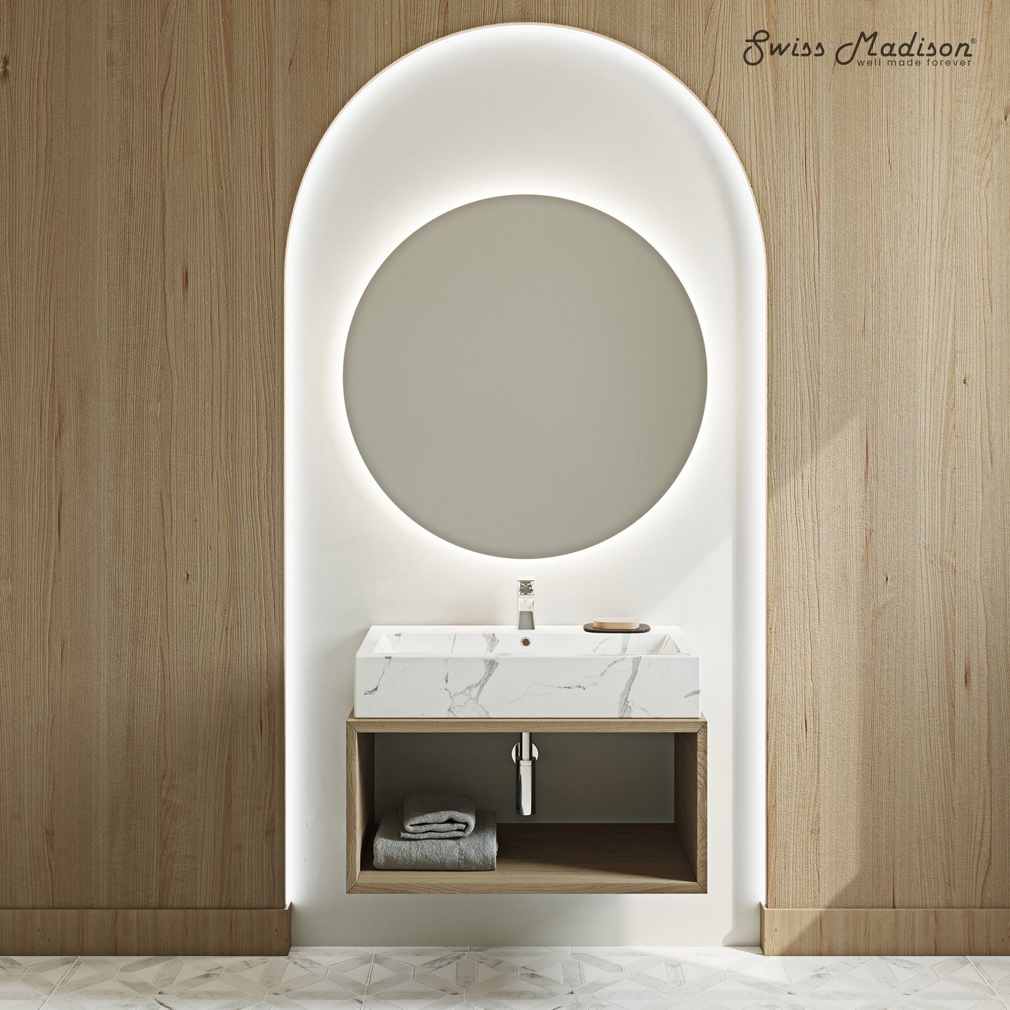 Swiss Madison, Voltaire Wide Rectangle Vessel Sink in White Marble
