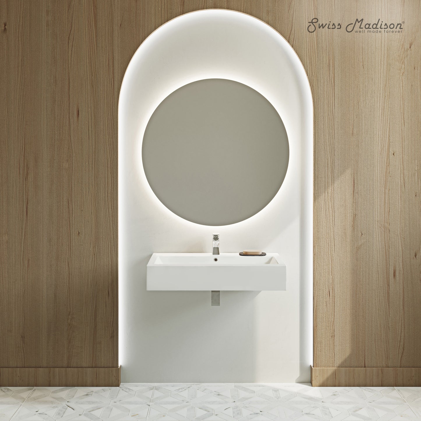 Swiss Madison, Voltaire Wide Rectangle Wall-Mount Sink in Shiny White