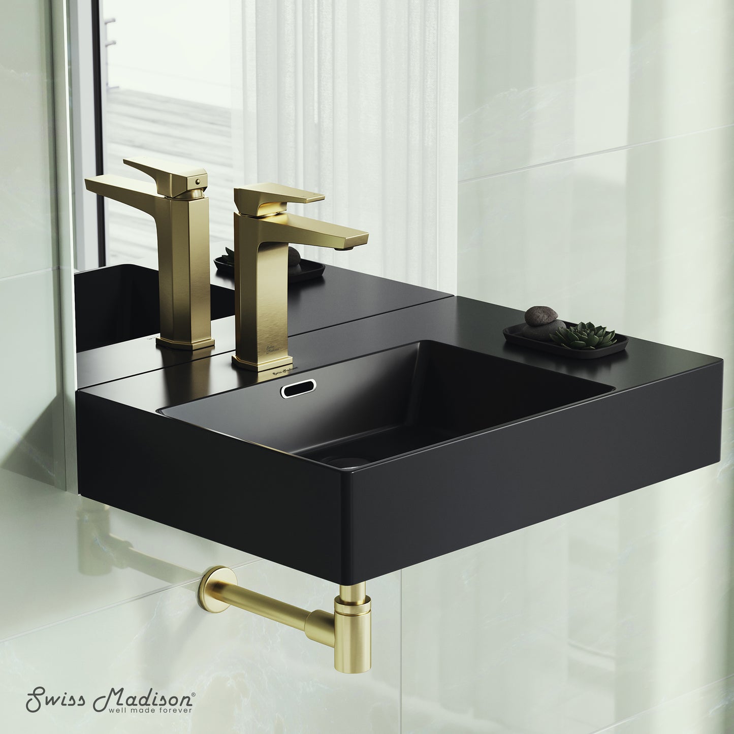 Swiss Madison, St. Tropez 24 x 18 Ceramic Wall Hung Sink with Left Side Faucet Mount, Matte Black