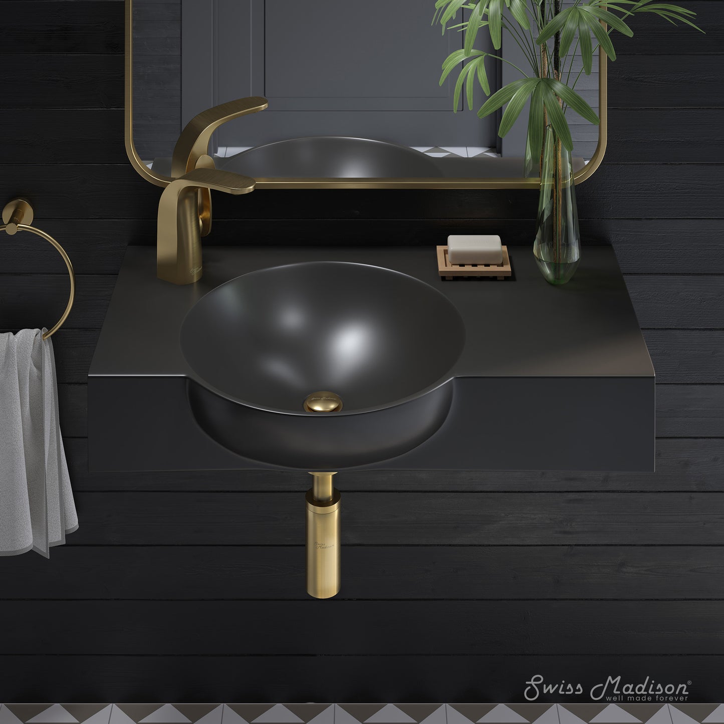 Swiss Madison, Chateau 30" Left Side Faucet Wall-Mount Bathroom Sink in Matte Black