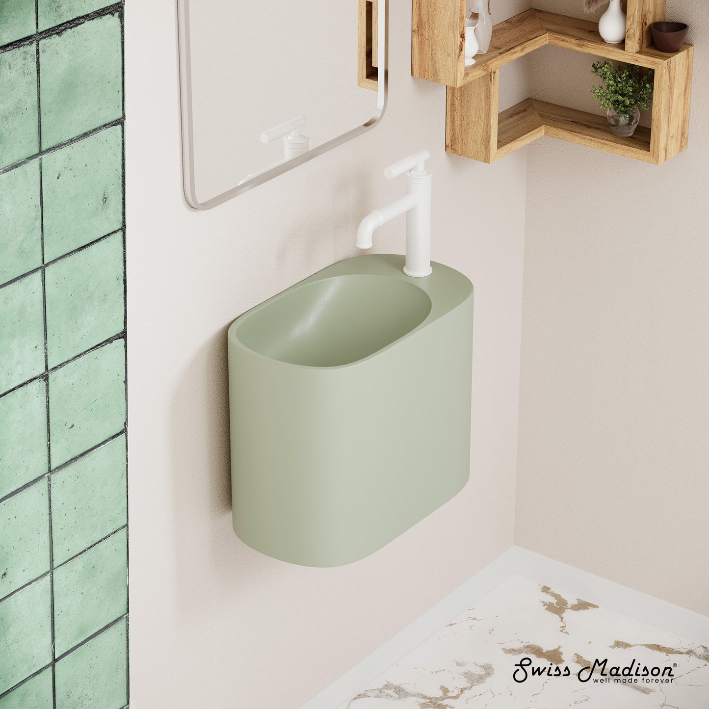 Swiss Madison, Terre 18" Right Side Faucet Wall-Mount Bathroom Sink in Palm Green