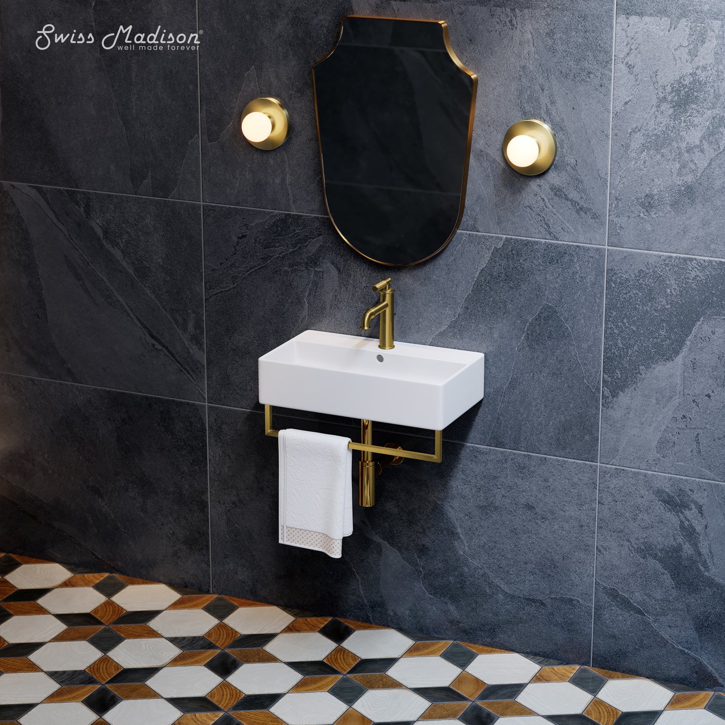 Swiss Madison, Claire 22" Wall-Mount Bathroom Sink with Brushed Gold Towel Bar