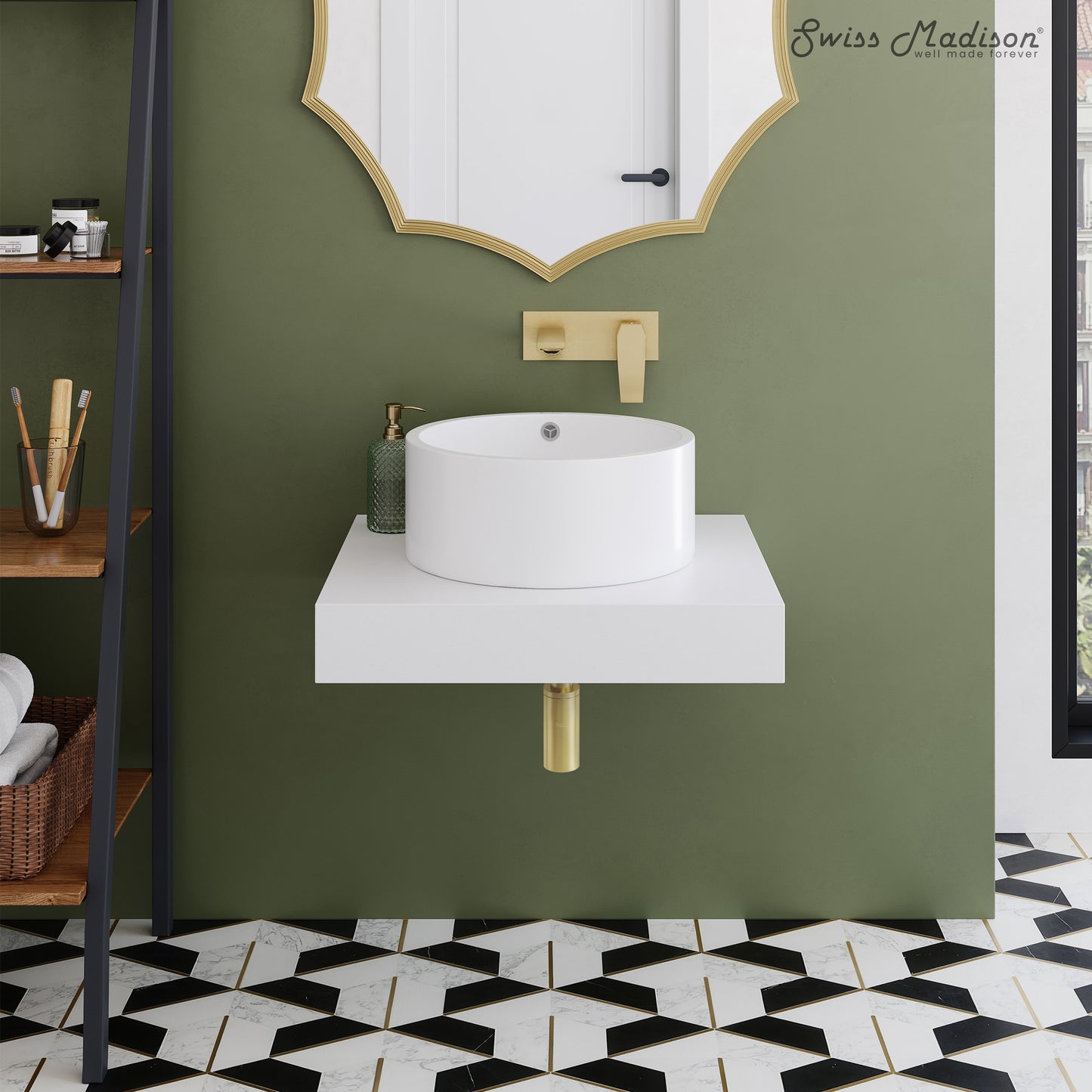 Swiss Madison, Monaco 24" Floating Bathroom Shelf with Vessel Sink in Glossy White