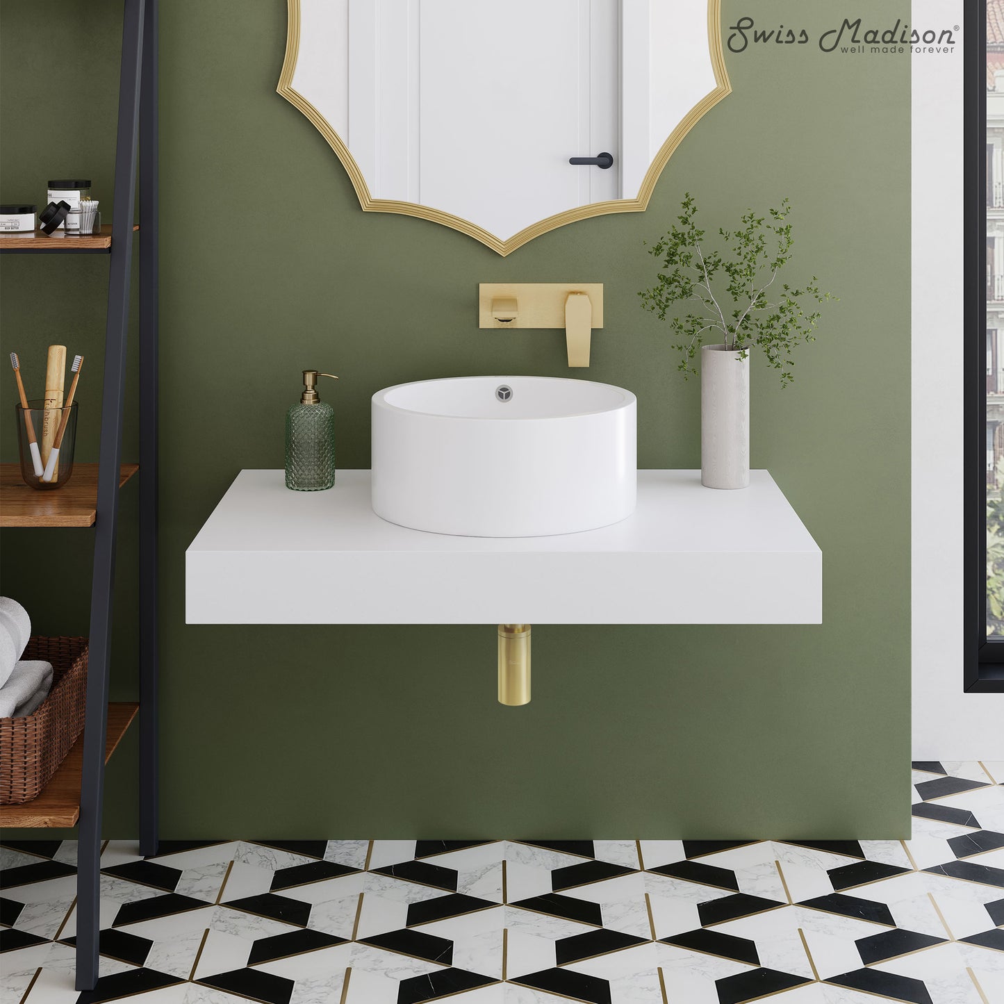 Swiss Madison, Monaco 36" Floating Bathroom Shelf with Vessel Sink in Glossy White