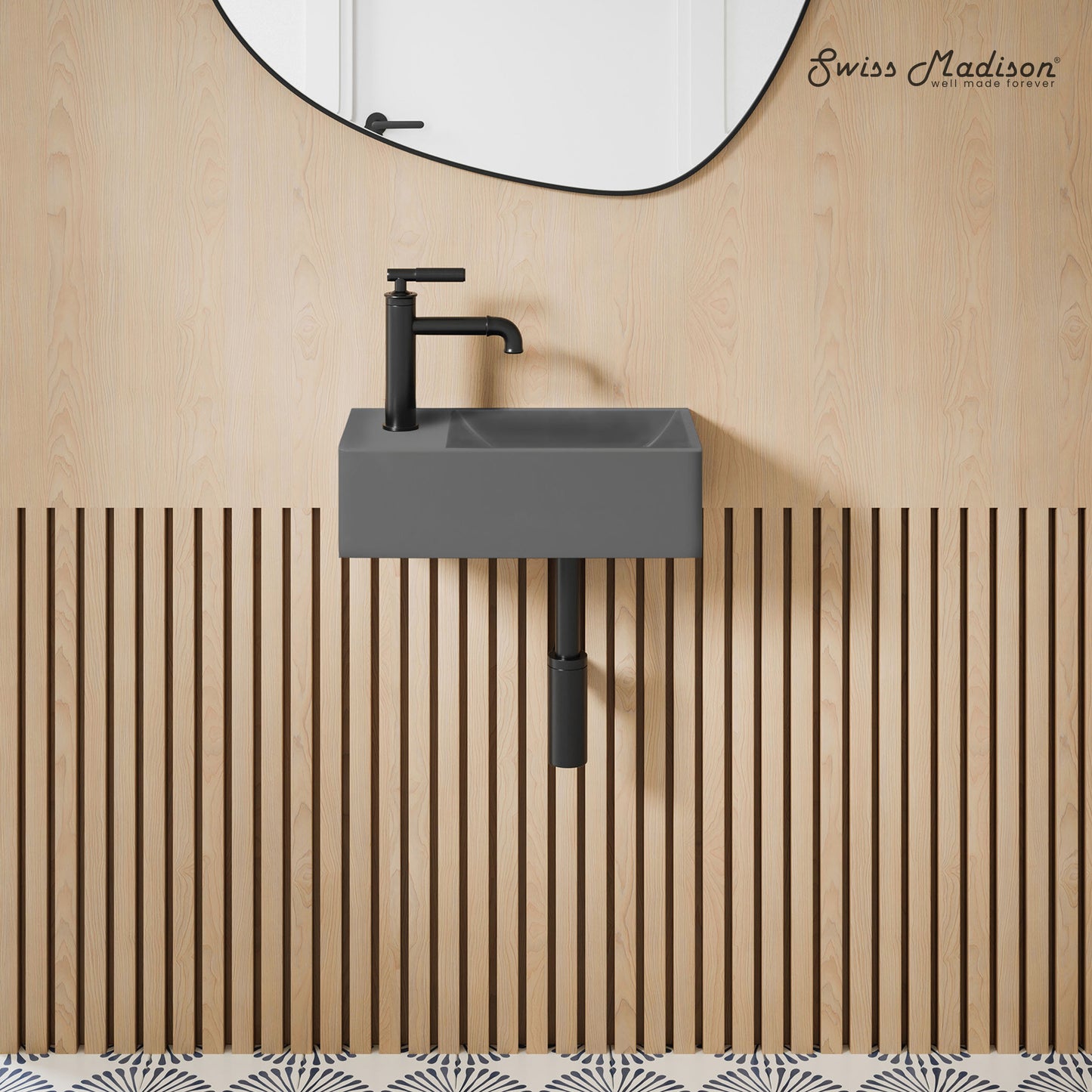Swiss Madison, Lisse 16" Concrete Rectangle Wall-Mounted Sink with Left Side Faucet Mount in Matte Dark Gray