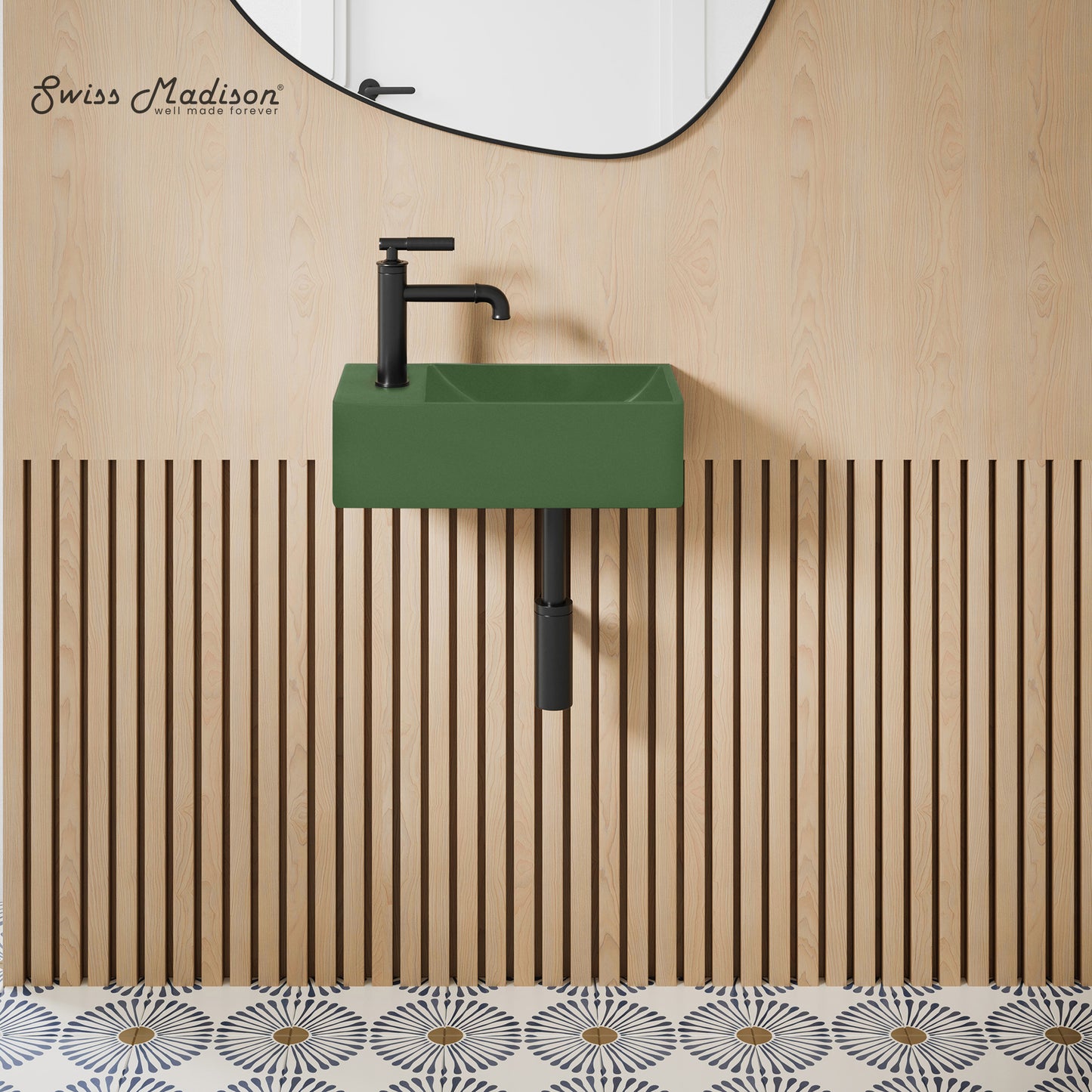 Swiss Madison, Lisse 16" Concrete Rectangle Wall-Mounted Sink with Left Side Faucet Mount in Matte Royal Green