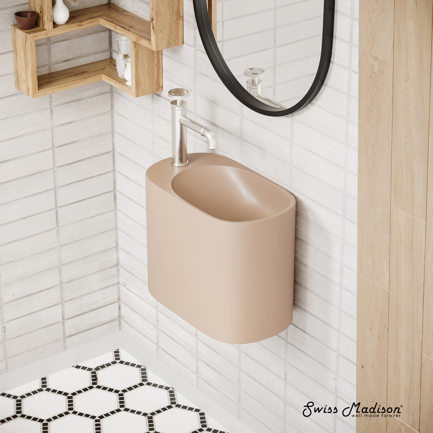 Swiss Madison, Terre 18" Solid Surface Oval Wall-Mounted Sink with Left Side Faucet Mount in Matte Pastel Peach