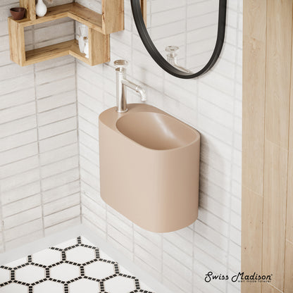 Swiss Madison, Terre 18" Solid Surface Oval Wall-Mounted Sink with Left Side Faucet Mount in Matte Pastel Peach