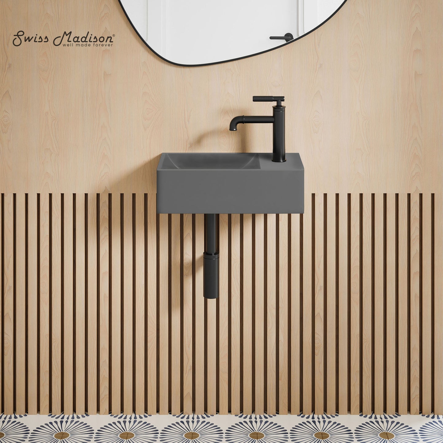 Swiss Madison, Lisse 16" Concrete Rectangle Wall-Mounted Sink with Right Side Faucet Mount in Matte Dark Gray