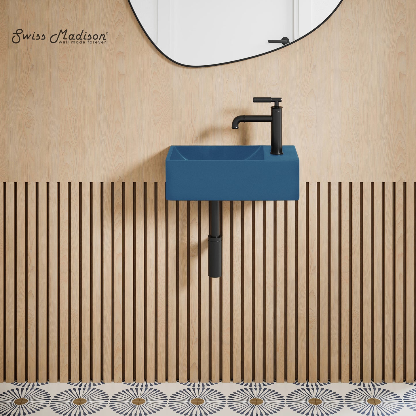Swiss Madison, Lisse 16" Concrete Rectangle Wall-Mounted Sink with Right Side Faucet Mount in Matte Royal Blue