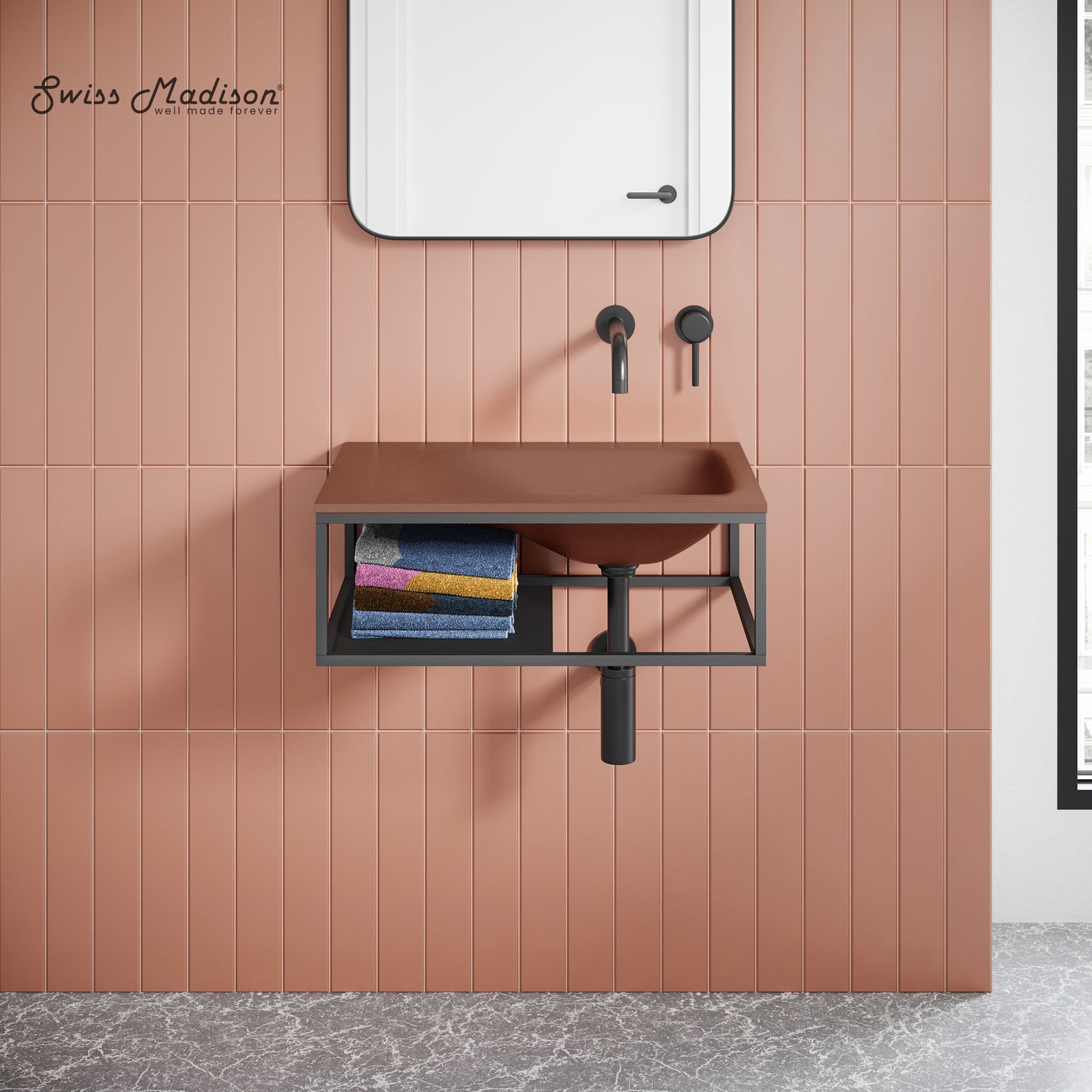 Swiss Madison, Lisse 24" Rectangle Concrete Wall-Mount Bathroom Sink in Terracotta with Matte Black Frame
