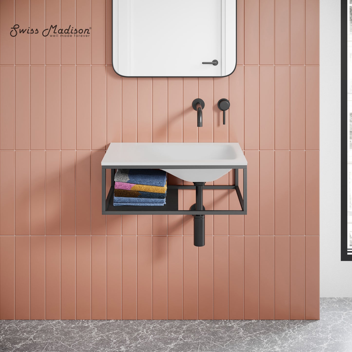 Swiss Madison, Lisse 24" Rectangle Concrete Wall-Mount Bathroom Sink in Matte White with Matte Black Frame