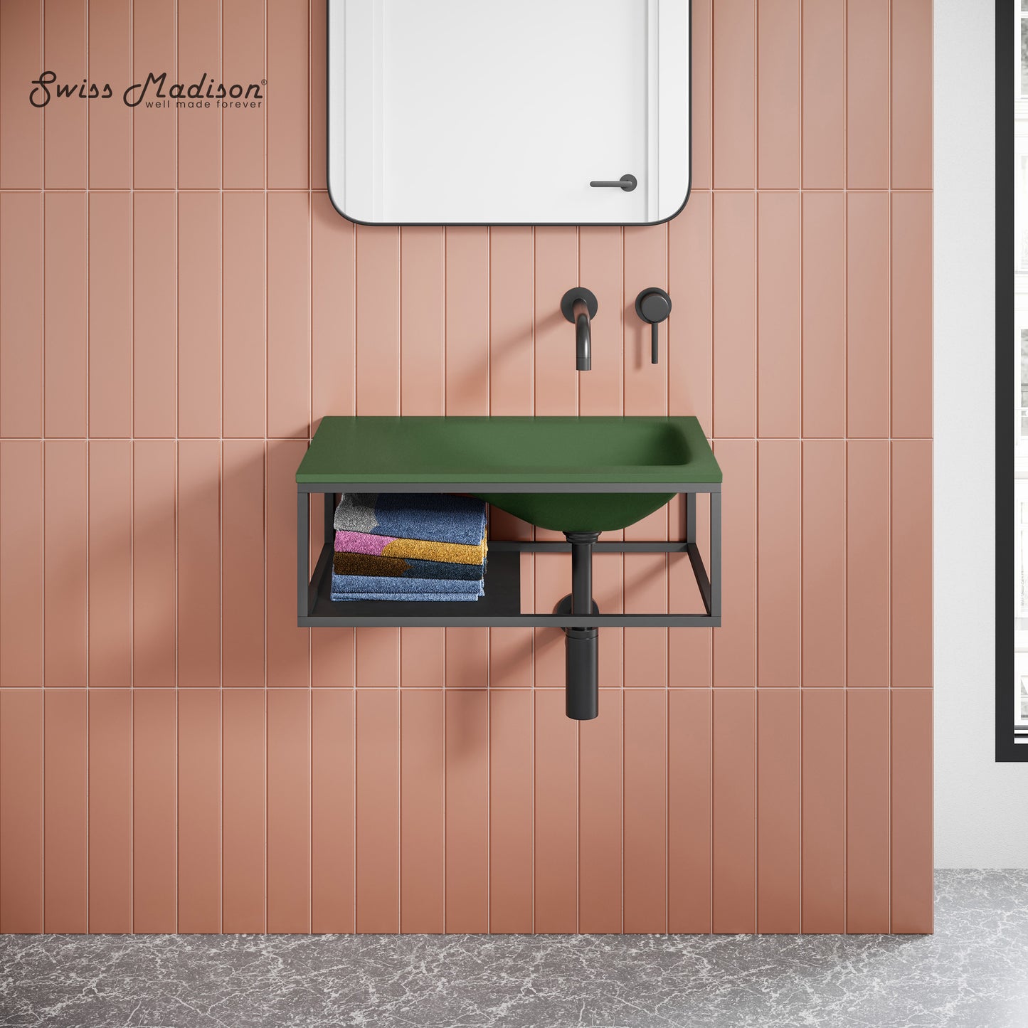 Swiss Madison, Lisse 24" Rectangle Concrete Wall-Mount Bathroom Sink in Royal Green with Matte Black Frame