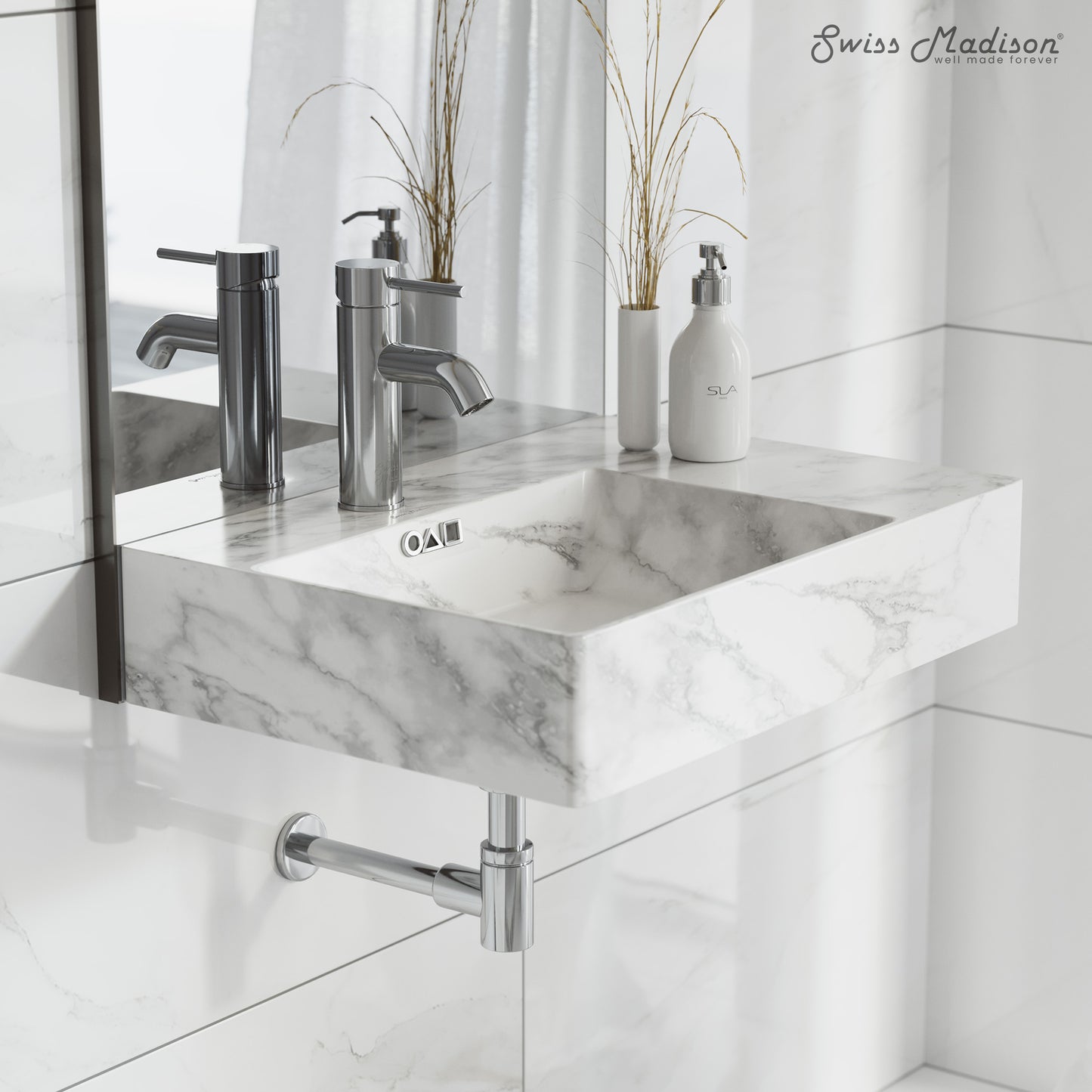 Swiss Madison, St. Tropez 24" Left Side Faucet Wall-Mount Bathroom Sink in White Marble