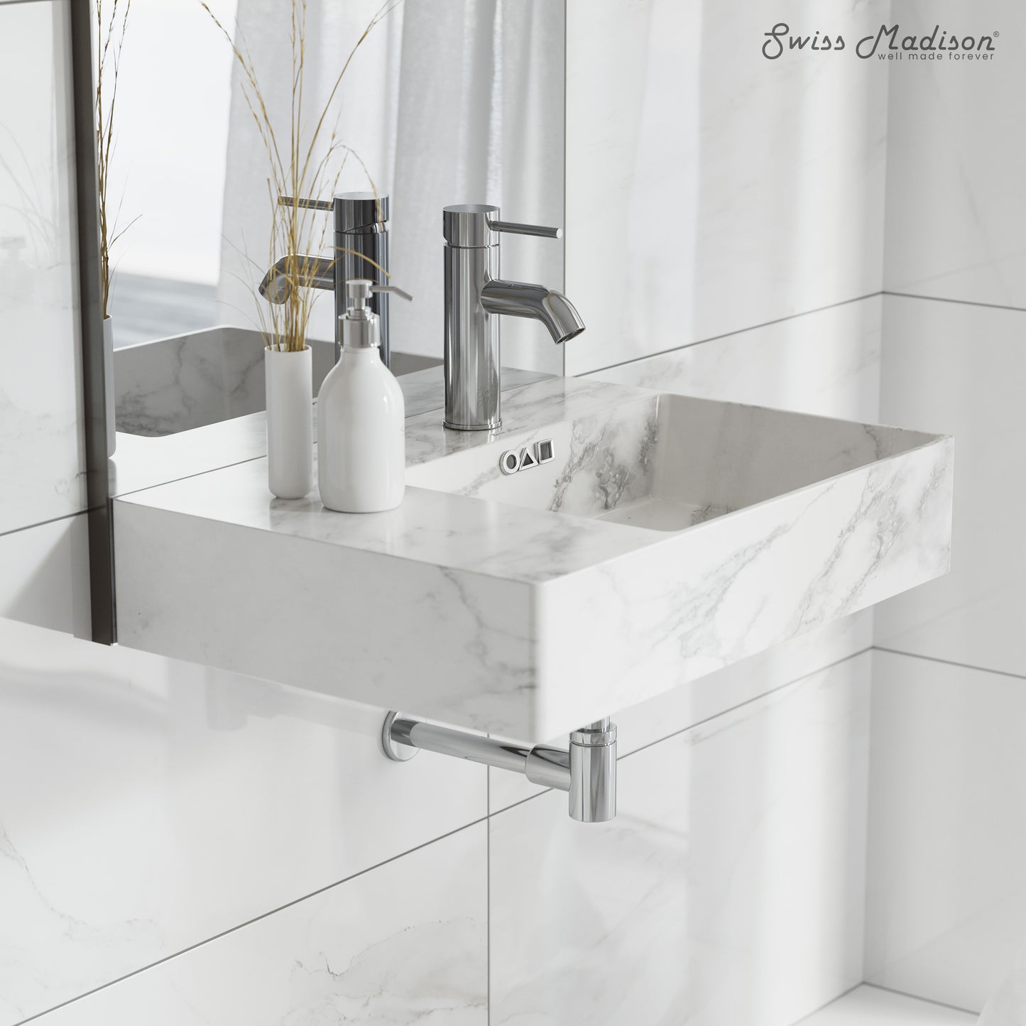 Swiss Madison, St. Tropez 24" Right Side Faucet Wall-Mount Bathroom Sink in White Marble