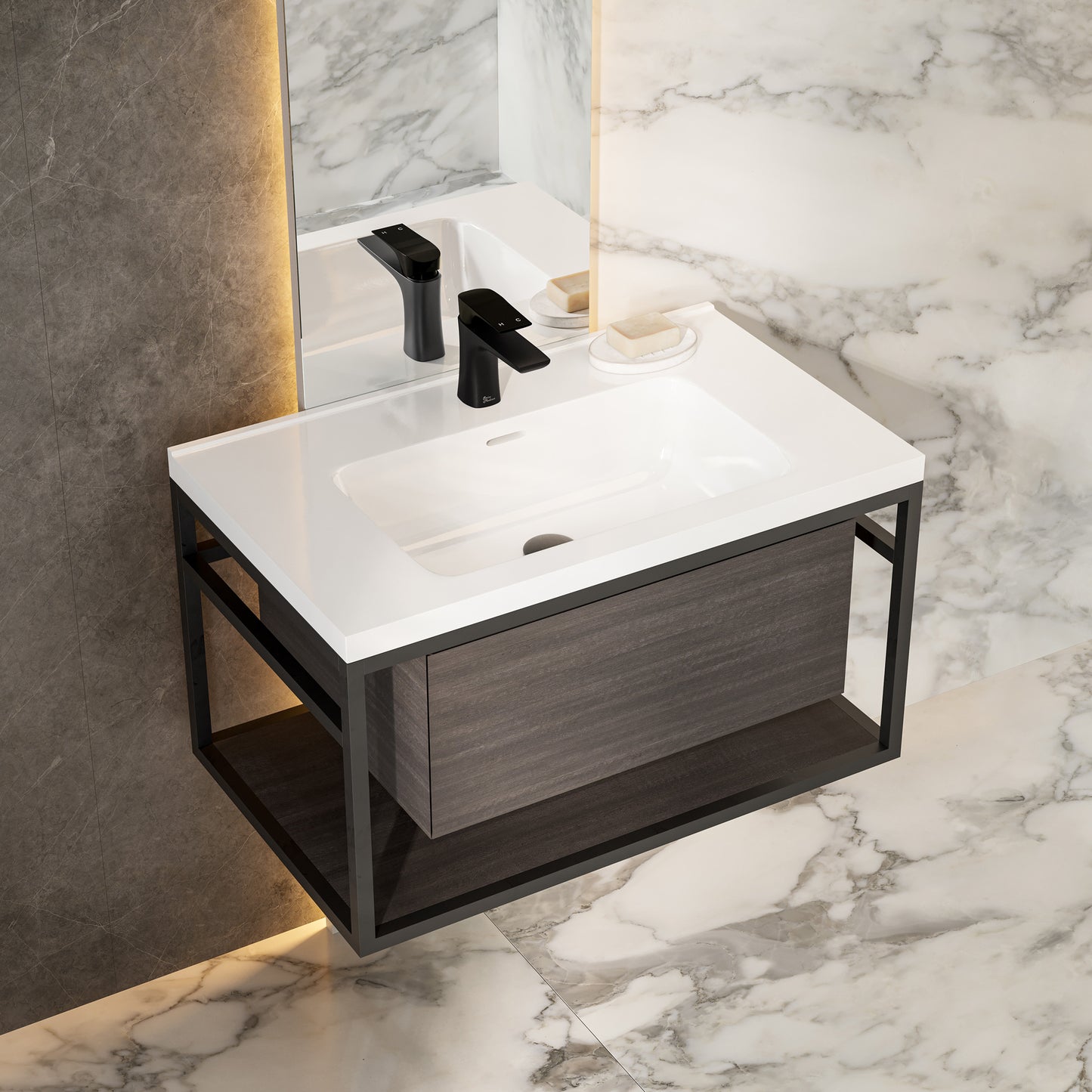 Swiss Madison, Claire 30" Wall-Mounted Bathroom Vanity in Black Oak with Sink Top