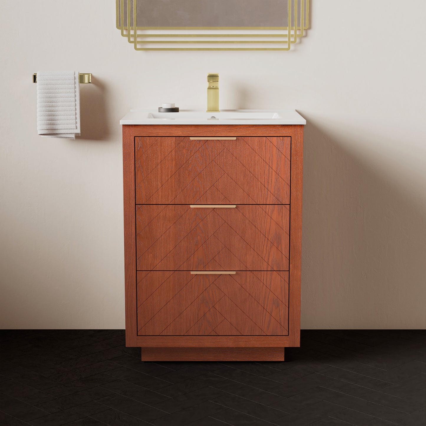 Swiss Madison, Daxton 24" Freestanding Bathroom Vanity in Brown Oak with Sink Top