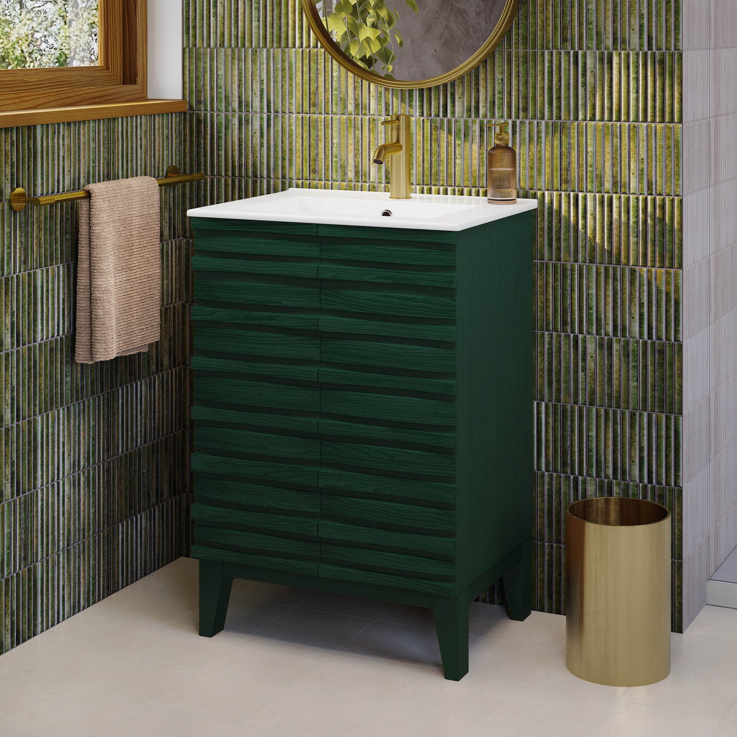 Swiss Madison, Cascade 24" Freestanding Bathroom Vanity in Green Oak with Sink Top
