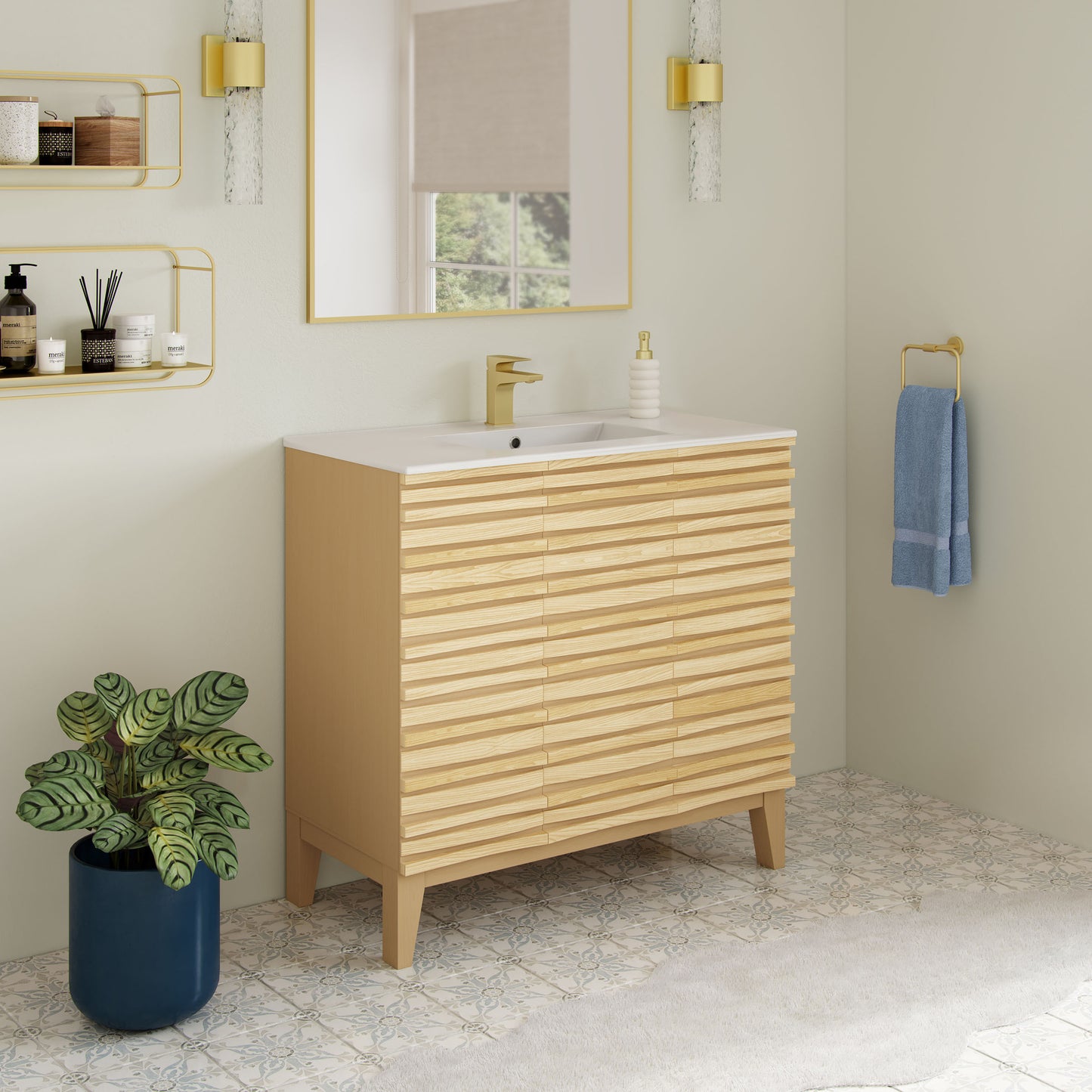 Swiss Madison, Cascade 36" Freestanding Bathroom Vanity in Natural oak with Sink Top