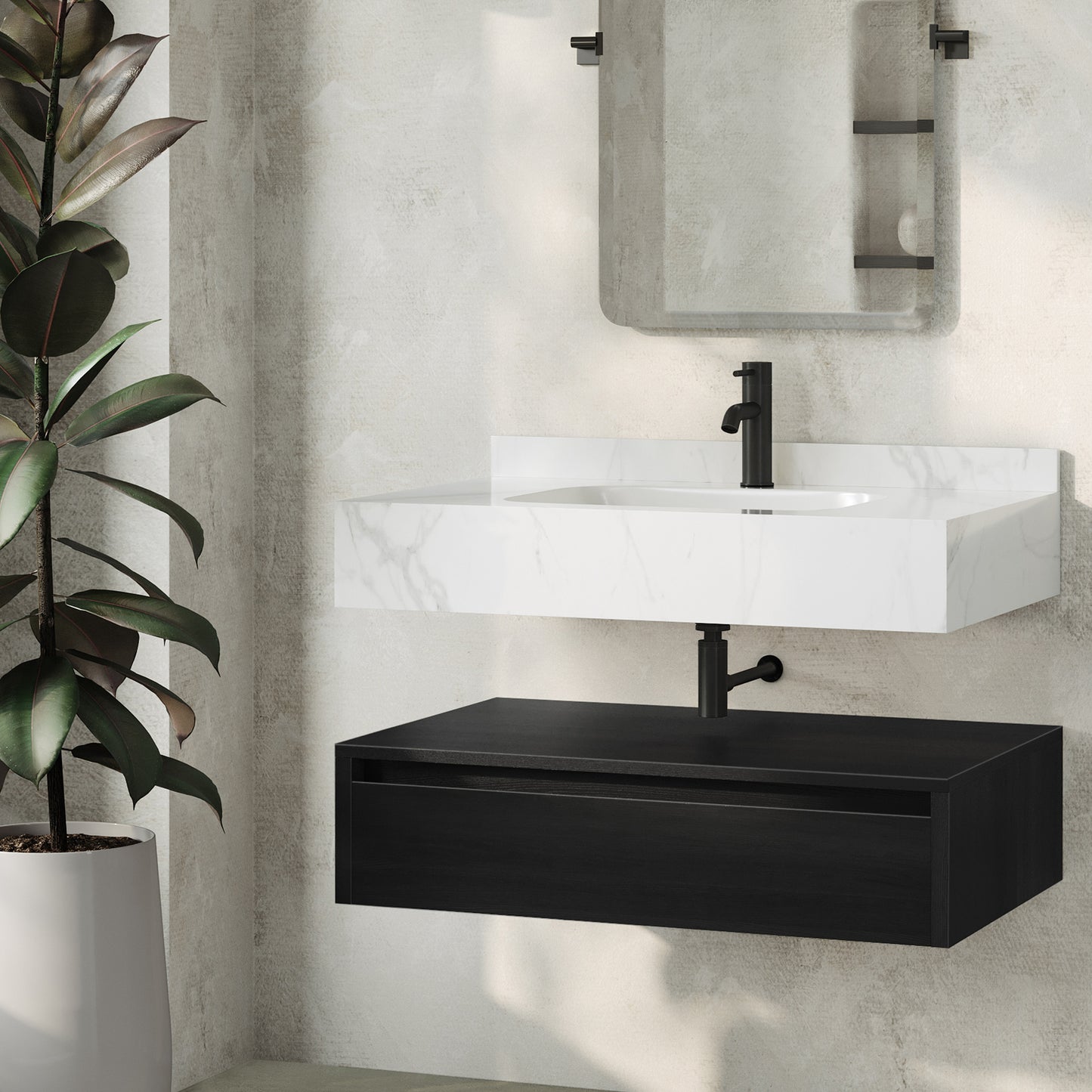 Swiss Madison, Avancer 36" Wall-Mounted Bathroom Vanity in Black Oak with White Marble Sink Top