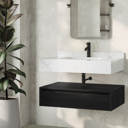Swiss Madison, Avancer 36" Wall-Mounted Bathroom Vanity in Black Oak with White Marble Sink Top