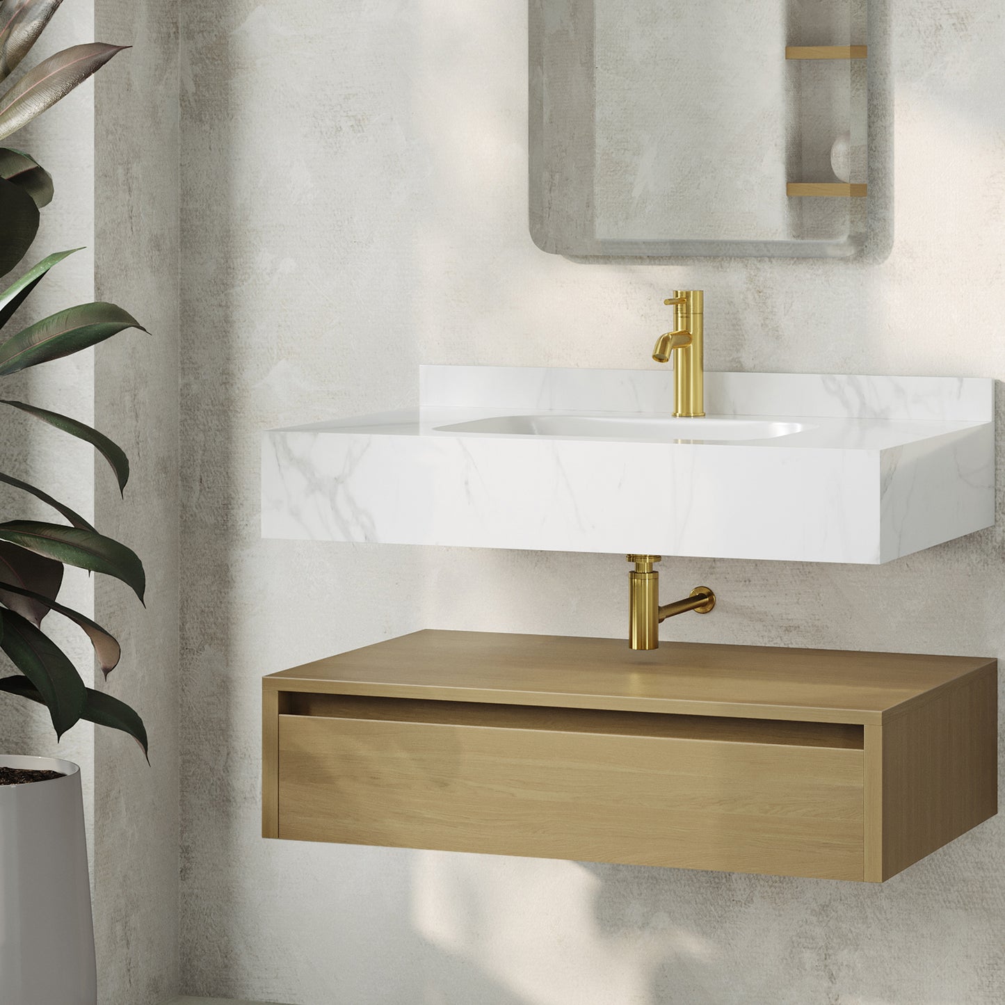 Swiss Madison, Avancer 36" Wall-Mounted Bathroom Vanity in Natural Oak with White Marble Sink Top