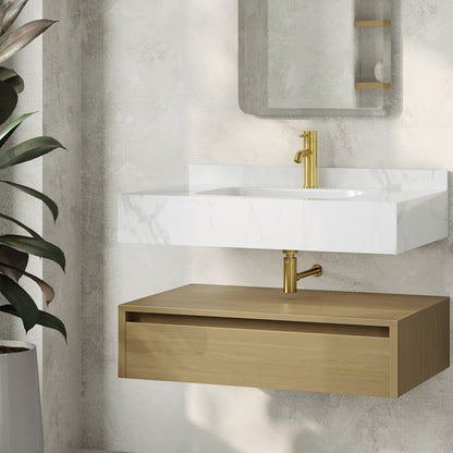 Swiss Madison, Avancer 36" Wall-Mounted Bathroom Vanity in Natural Oak with White Marble Sink Top