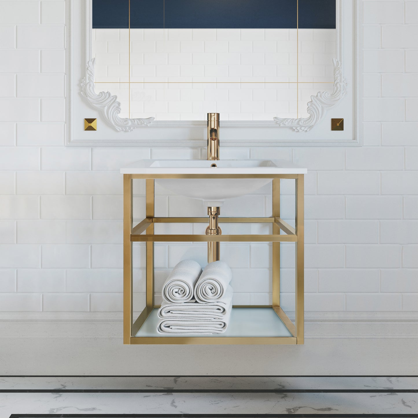 Swiss Madison, Pierre 24 Single, Open Shelf, Gold Metal Frame Bathroom Vanity