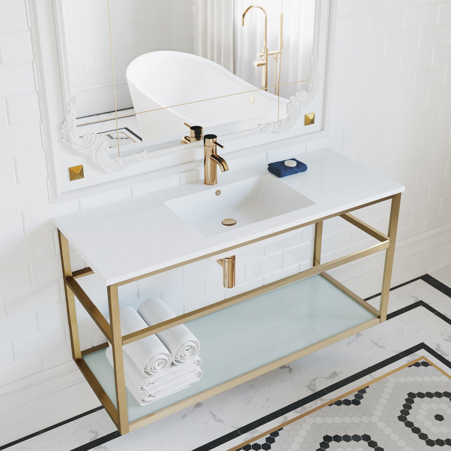 Swiss Madison, Pierre 48 Single, Open Shelf, Gold Metal Frame Bathroom Vanity