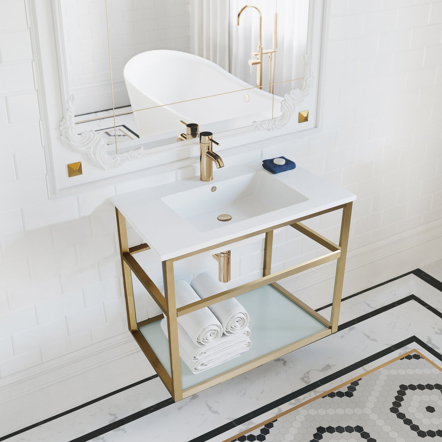 Swiss Madison, Pierre 30 Single, Open Shelf, Gold Metal Frame Bathroom Vanity