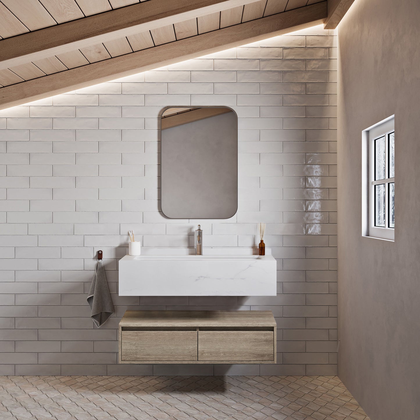 Swiss Madison, Avancer 36" Wall-Mounted Bathroom Vanity in Weathered Oak with Sink Top