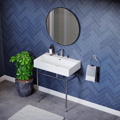 Swiss Madison, Claire 30" Console Sink White Basin Chrome Legs with 8" Widespread Holes