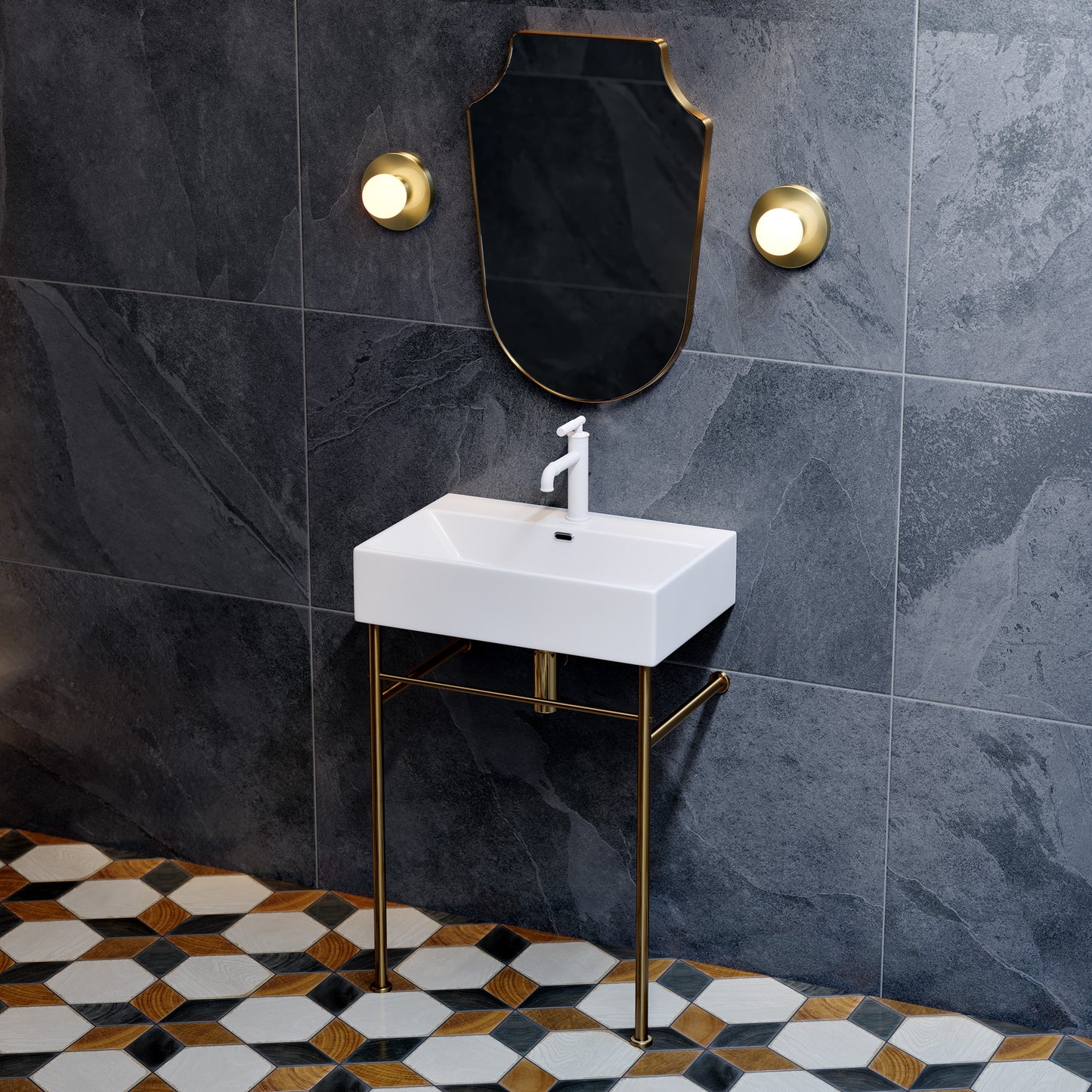 Swiss Madison, Claire 24 Ceramic Console Sink White Basin Brushed Gold Legs