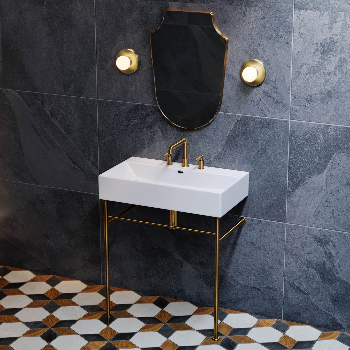 Swiss Madison, Claire 30" Console Sink White Basin Brushed Gold Legs with 8" Widespread Holes