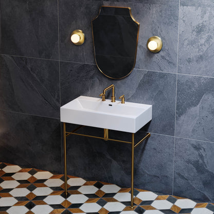 Swiss Madison, Claire 30" Console Sink White Basin Brushed Gold Legs with 8" Widespread Holes