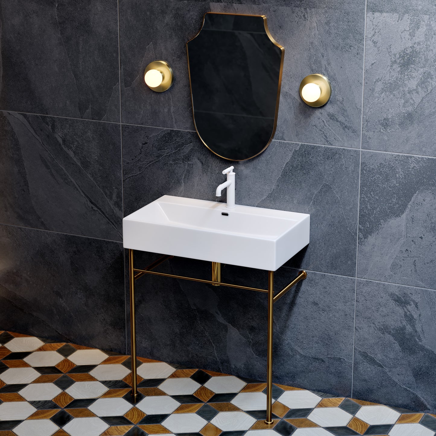 Swiss Madison, Claire 30 Ceramic Console Sink White Basin Brushed Gold Legs