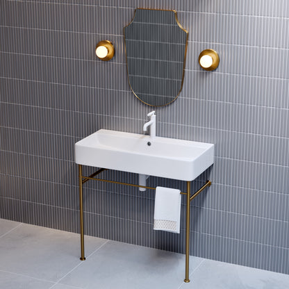 Swiss Madison, Carre 36 Ceramic Console Sink White Basin Brushed Gold Legs