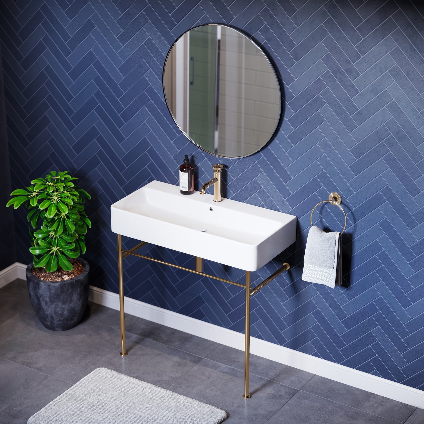 Swiss Madison, Carre 36 Ceramic Console Sink White Basin Gold Legs