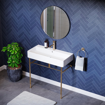 Swiss Madison, Carre 36 Ceramic Console Sink White Basin Gold Legs