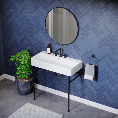 Swiss Madison, Carre 36" Console Sink White Basin Black Legs with 8" Widespread Holes