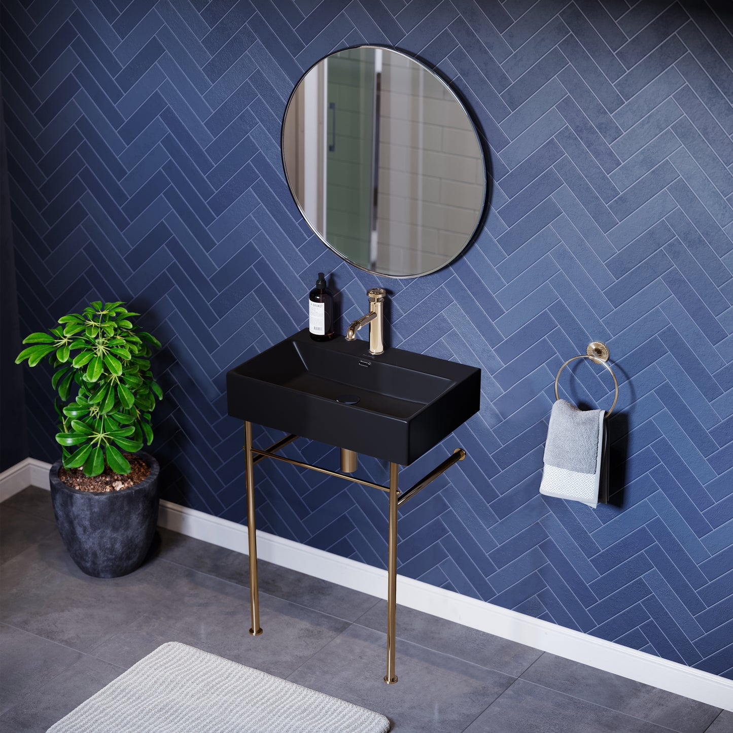 Swiss Madison, Claire 24 Ceramic Console Sink Matte Black Basin Gold Legs